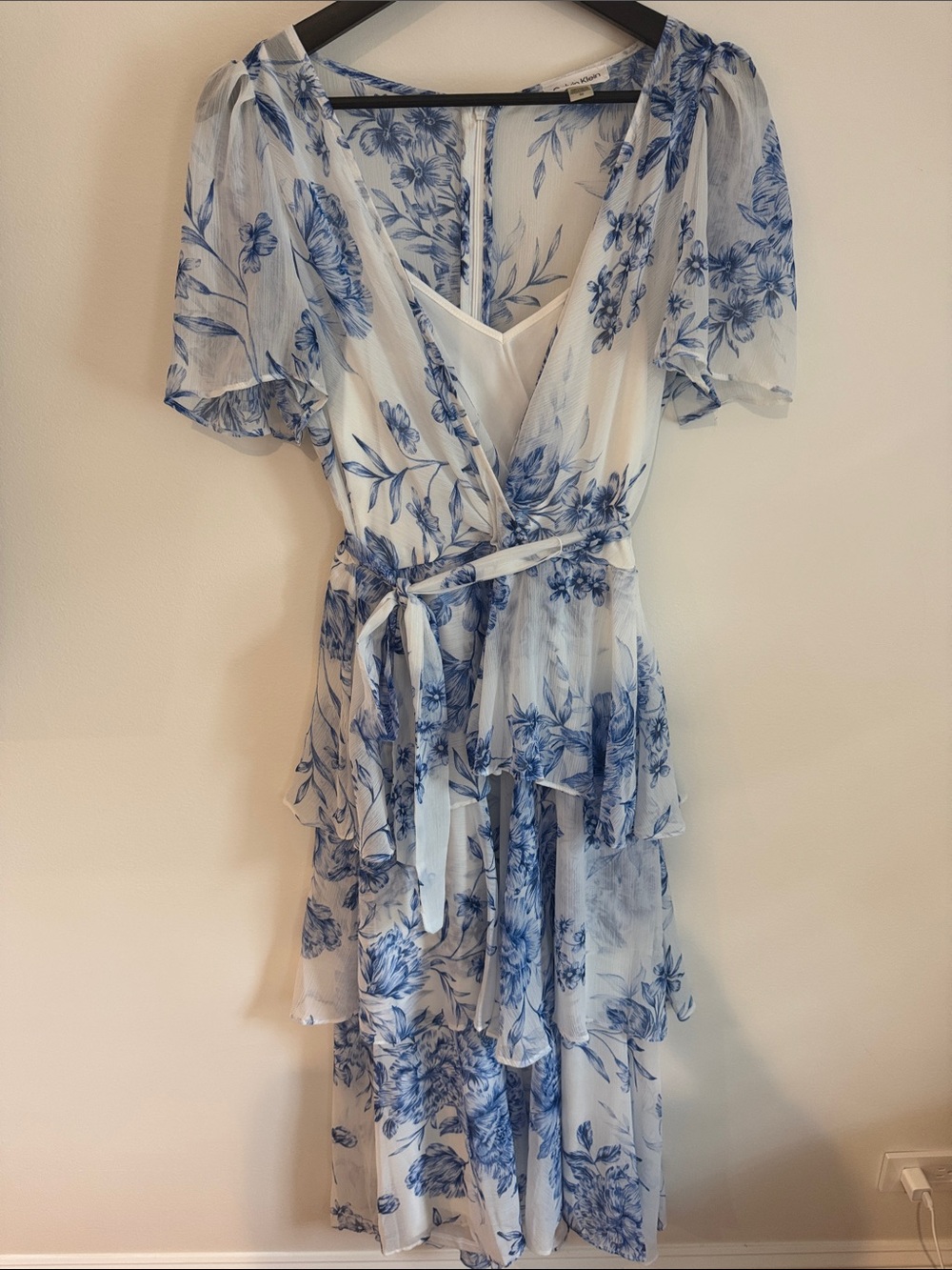 Blue and White Tiered Floral Wrap Chiffon Dress - Women's